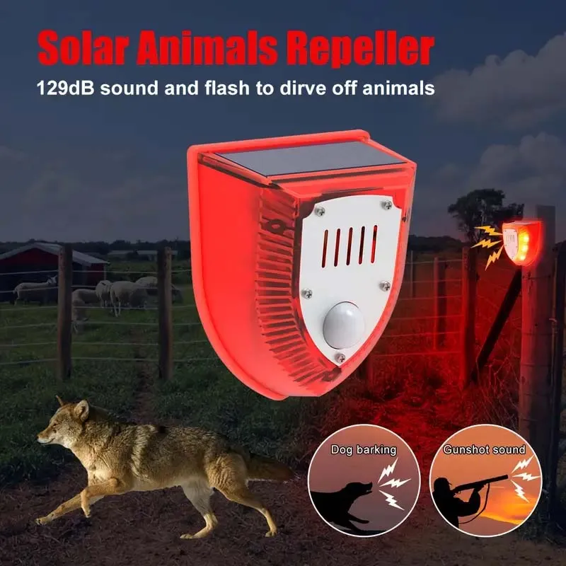 129dB Solar Security Alarm – Barking Dog & Gunshot Sounds with Strobe Light | Home & Yard Protection