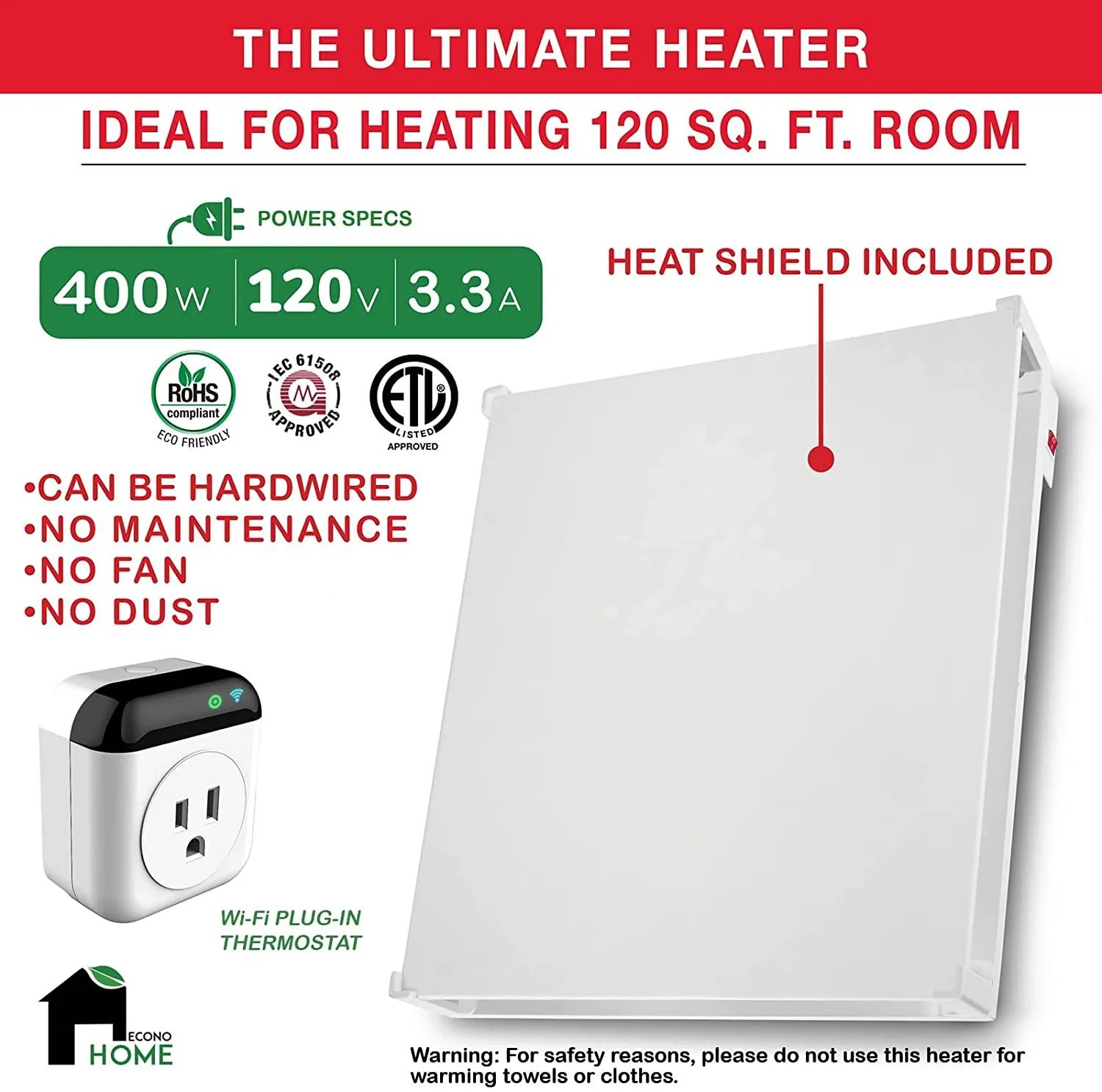 400W Convection Heater with WiFi Thermostat & Heat Guard.