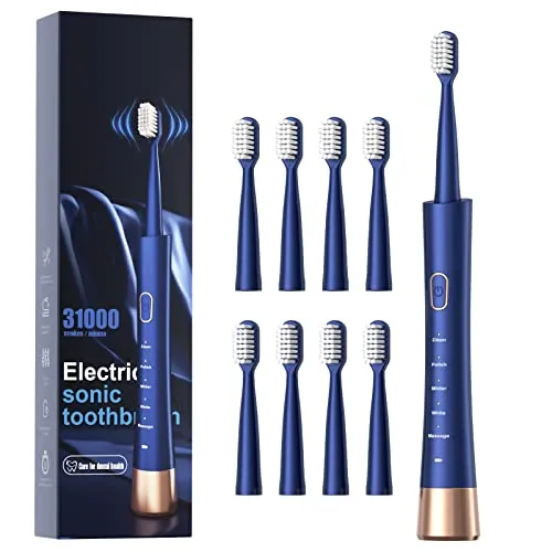 AJELU IPX7 Waterproof Sonic Electric Toothbrush, 2-Hour Fast Charge with Intelligent Time Reminder, 5 Modes, 8 Brush Heads, Travel, Indoor, Outdoor, Blue