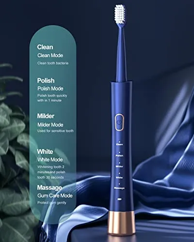 AJELU IPX7 Waterproof Sonic Electric Toothbrush, 2-Hour Fast Charge with Intelligent Time Reminder, 5 Modes, 8 Brush Heads, Travel, Indoor, Outdoor, Blue