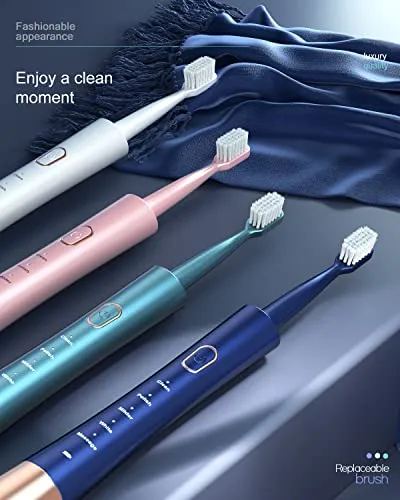 AJELU IPX7 Waterproof Sonic Electric Toothbrush, 2-Hour Fast Charge with Intelligent Time Reminder, 5 Modes, 8 Brush Heads, Travel, Indoor, Outdoor, Blue