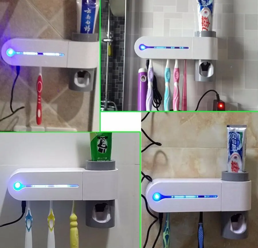 Anti-bacteria UV Light Toothbrush Sterilizer & Automatic Toothpaste Dispenser