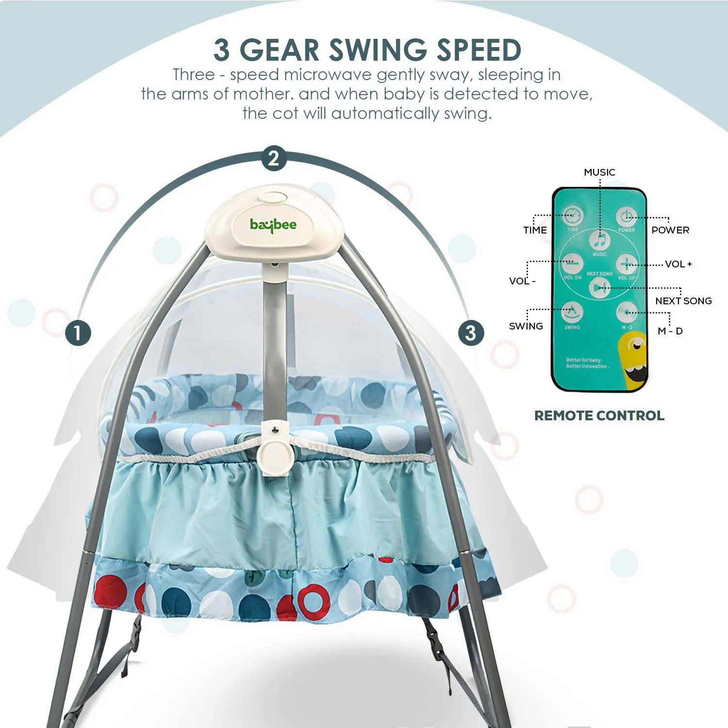 Baybee Wanda Electric Swing Cradle For Baby, Automatic Swing Baby Cradle With Mosquito Net, Remote, Toy Bar & Music | Baby Cradle Crib Jhula For Baby 0 To 2 Years Boys Girls (Blue) - Metal