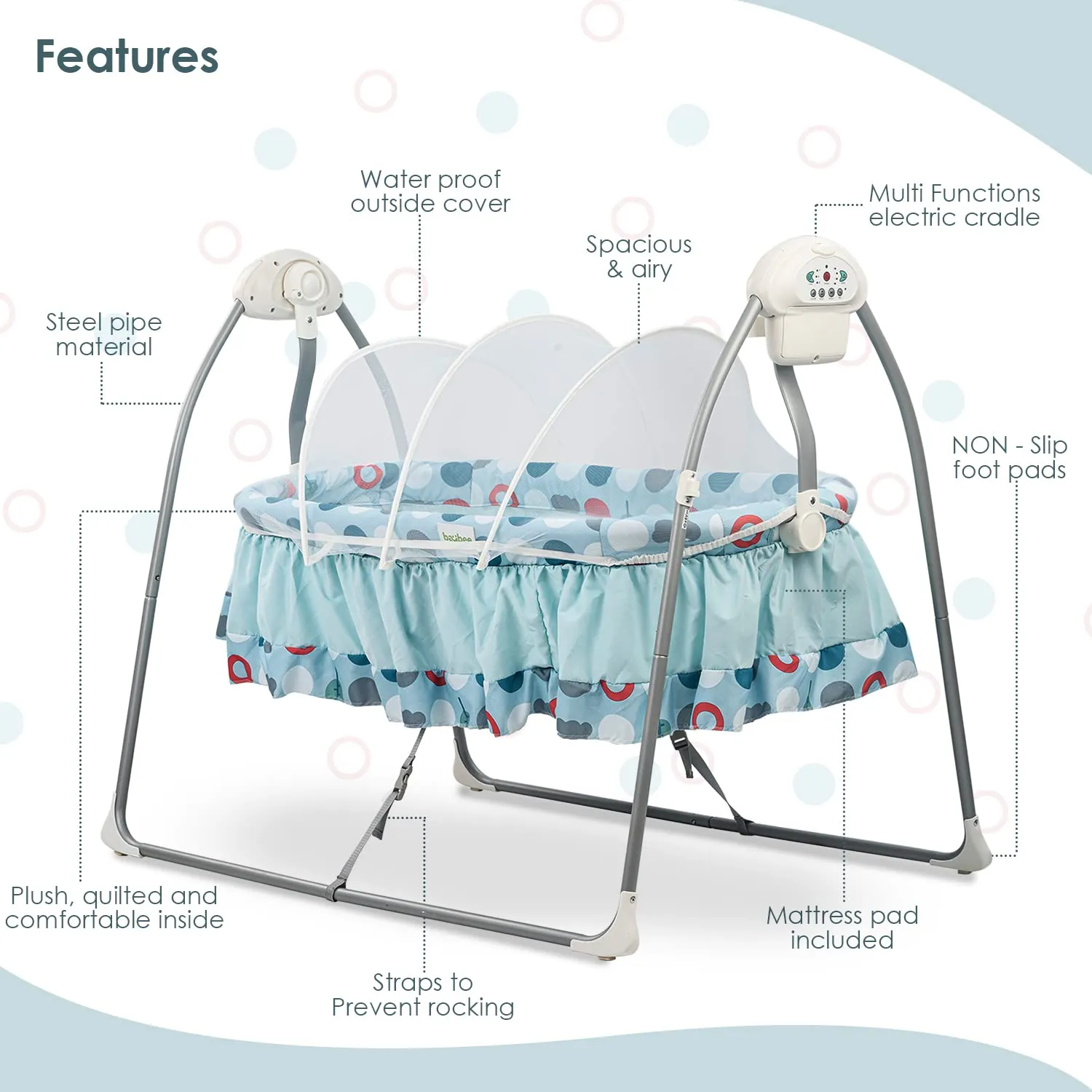 Baybee Wanda Electric Swing Cradle For Baby, Automatic Swing Baby Cradle With Mosquito Net, Remote, Toy Bar & Music | Baby Cradle Crib Jhula For Baby 0 To 2 Years Boys Girls (Blue) - Metal