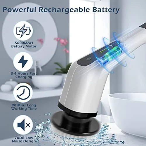 Bomves Electric Spin Scrubber, Cordless Cleaning Brush Scrubber for Home, 400RPM/Mins-8 Replaceable Brush Heads-90Mins Work Time, 3 Adjustable Size, 2 Speeds for Bathroom Shower Bathtub Glass Car