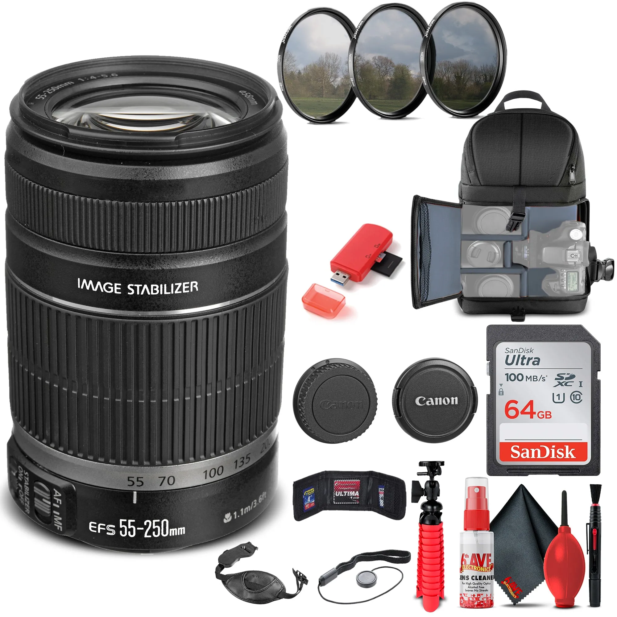 Canon EF-S 55-250mm f/4-5.6 IS II Lens (5123B006)   Filter Kit   BackPack   More