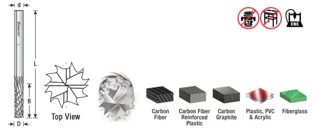 Carbon Graphite & Carbon Fiber Panel Cutting CNC Router Bit | 1⁄2 Dia x 2 1⁄8 x 1⁄2 Shank x 4" Long Down-Cut | 46268 | 738685462683