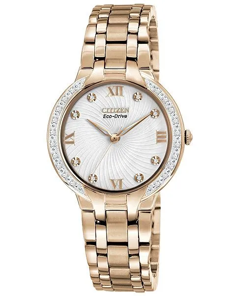 Citizen Eco-Drive Ladies Bella Diamond Dress Watch - Rose Tone - Embossed Dial