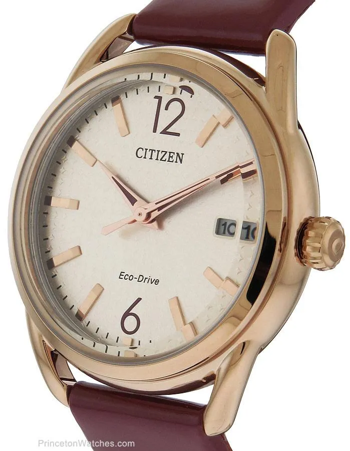 Citizen Womens DRIVE LTR - Rose Gold-Tone - Burgundy Leather Strap - Date