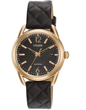 Citizen Womens DRIVE LTR - Rose Gold-Tone Case - Black Leather Strap - Date