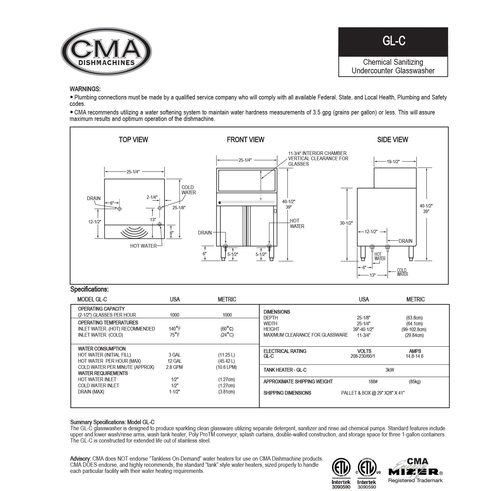 CMA Low Temp Under Counter Glasswasher with 3.0 kW Electric Tank Heater & Circular Conveyor