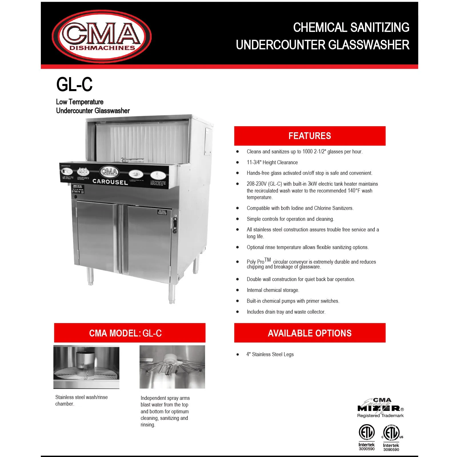 CMA Low Temp Under Counter Glasswasher with 3.0 kW Electric Tank Heater & Circular Conveyor