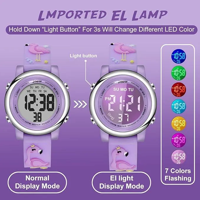 cofuo Kids Digital Sport Waterproof Watch for Girls Boys, Kid Sports Outdoor LED Electrical Watches with Luminous Alarm Stopwatch Child Wristwatch - Flamingo