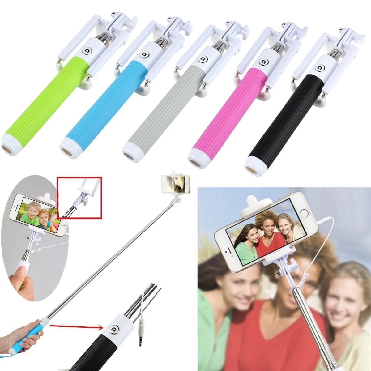 Fashion Extendable Wired Remote Shutter Selfie Stick Monopod For iPhone Smartphone - Blue