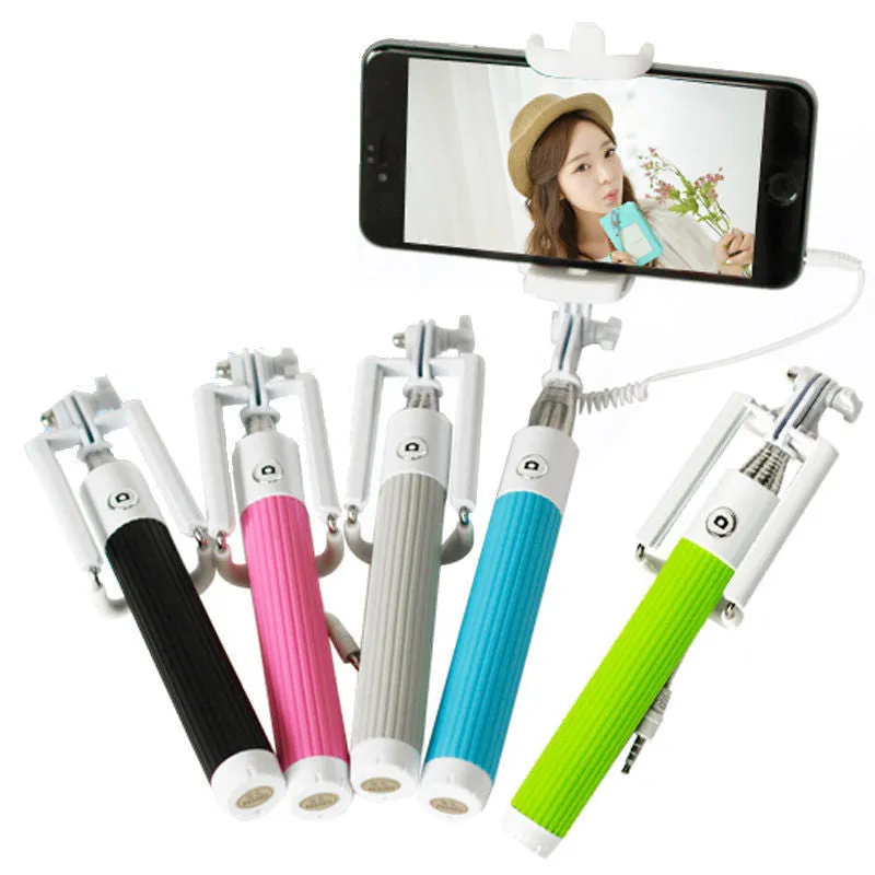 Fashion Extendable Wired Remote Shutter Selfie Stick Monopod For iPhone Smartphone - Blue