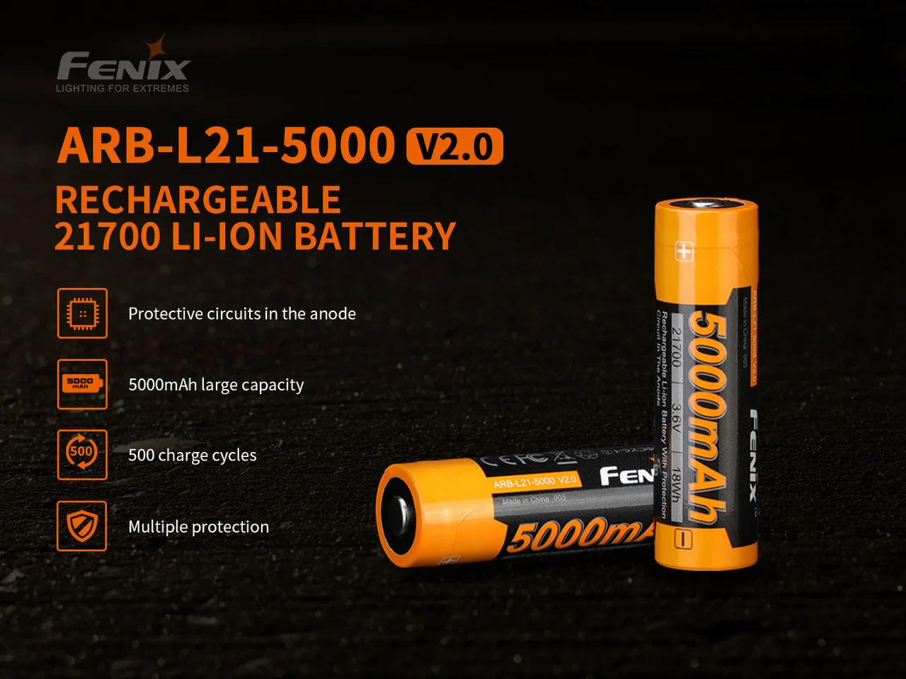 Fenix ARB-L21-5000v2 Rechargeable 5000mAh 21700 Li-ion Battery