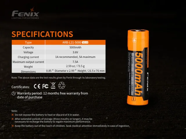 Fenix ARB-L21-5000v2 Rechargeable 5000mAh 21700 Li-ion Battery