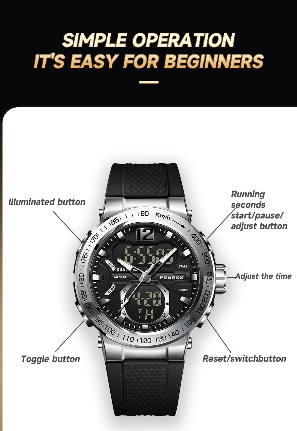 FOXBOX Sports Military Quartz Watch Waterproof Digital Dual Display Chronograph For Man