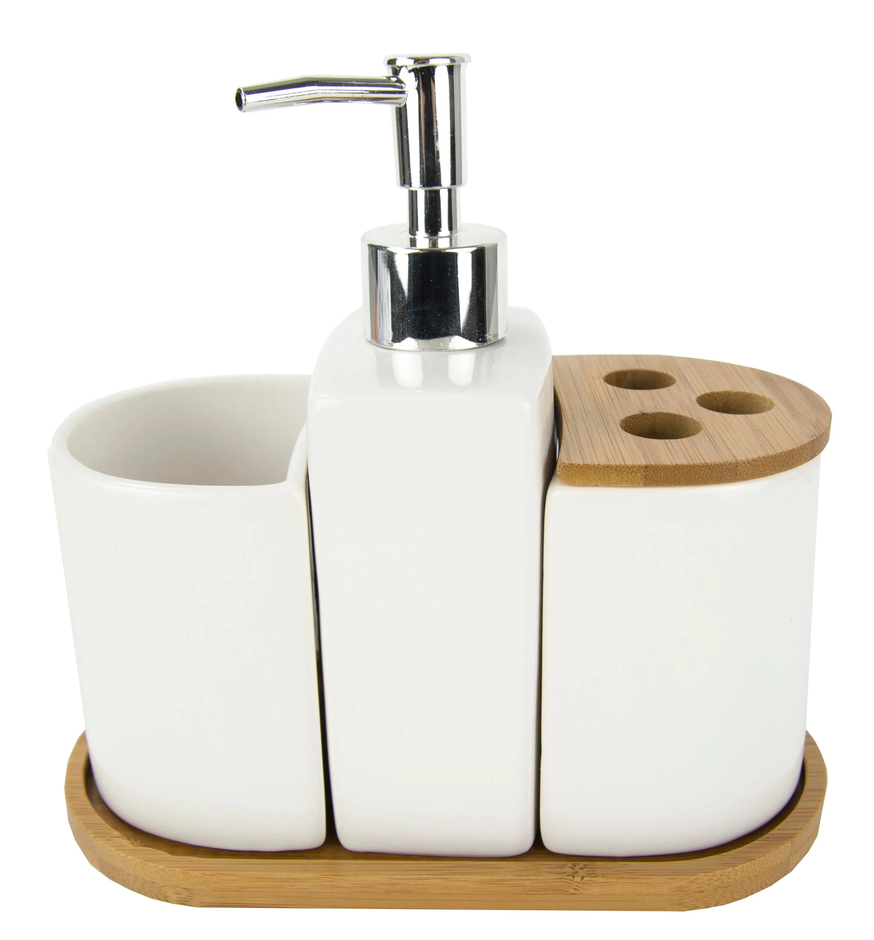 Home Basics 4-Piece Ceramic Bath Accessory Set with Bamboo Accents, White