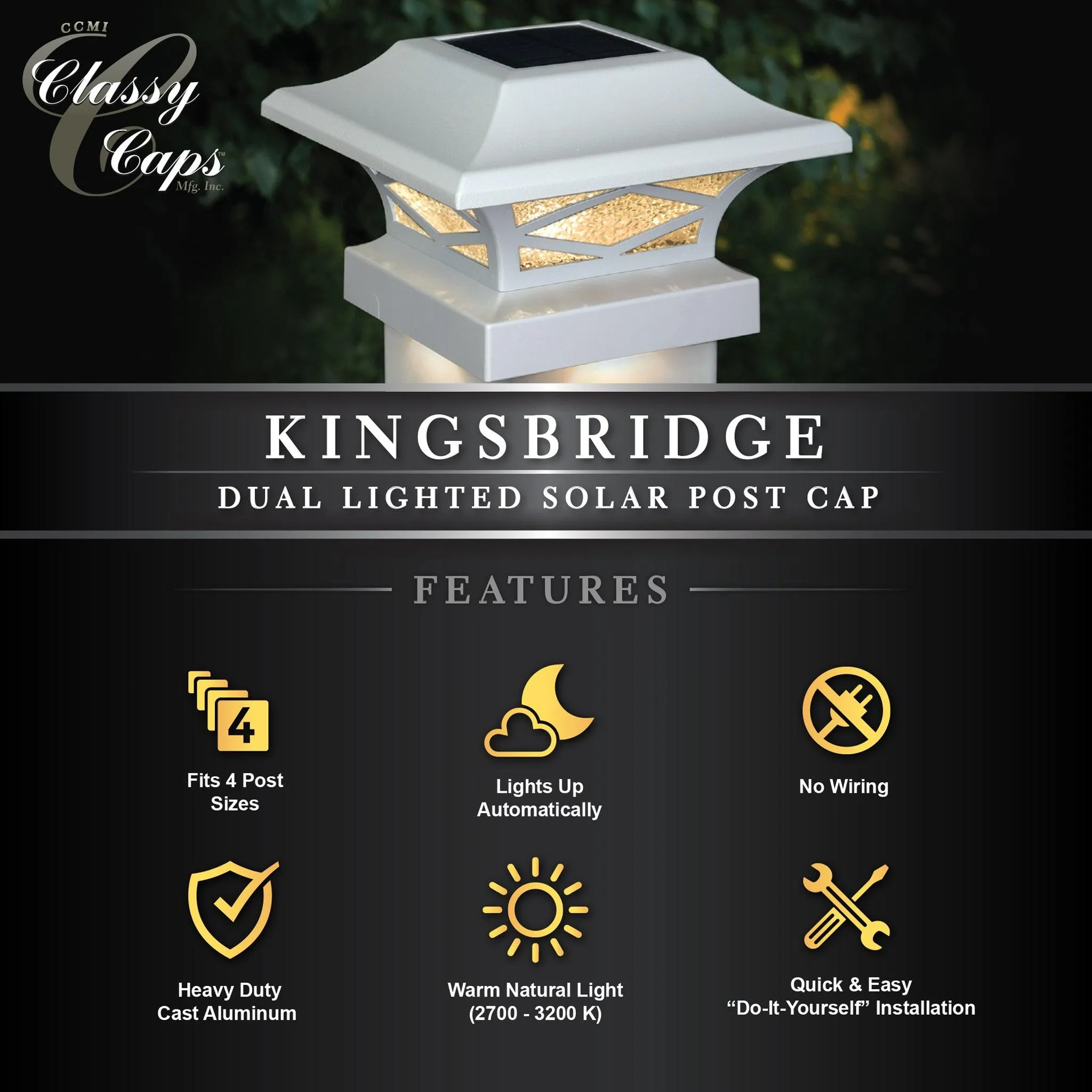 Kingsbridge Dual Lighted Solar Post Cap - White