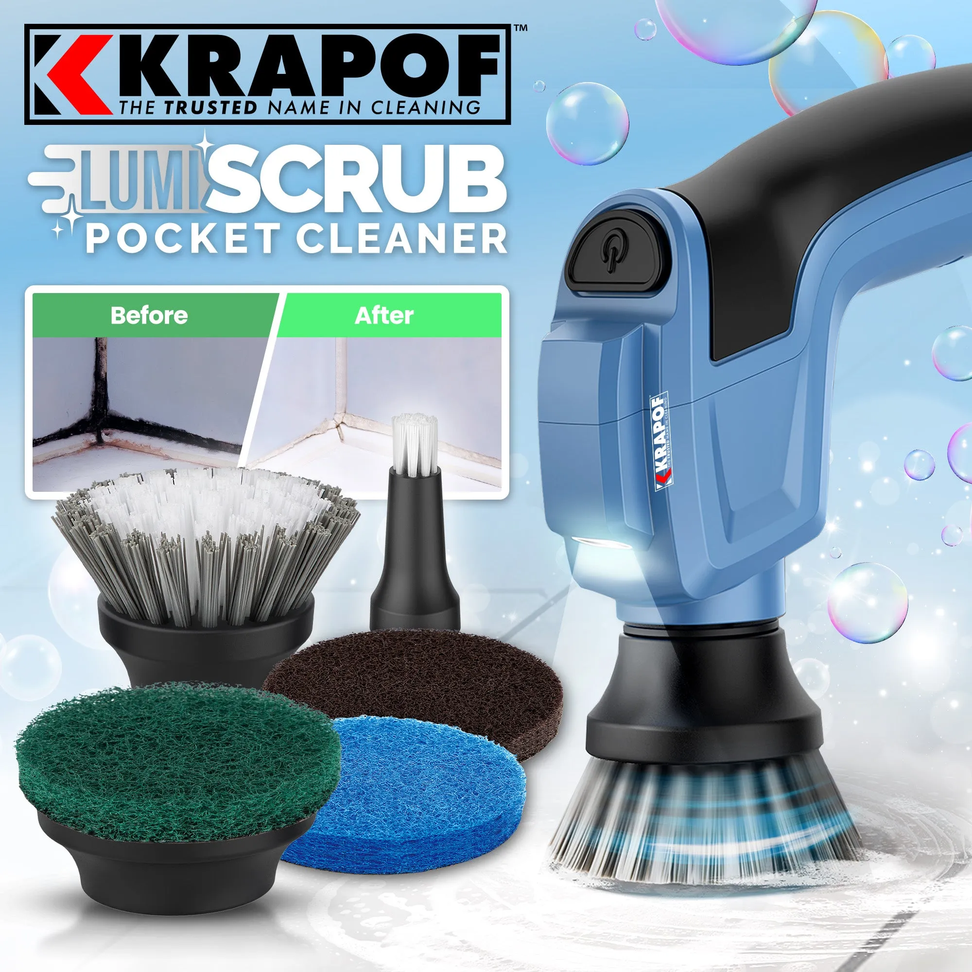 KRAPOF® Electric Lumi Scrub Pocket Cleaner with 5 Replaceable Cleaning Heads