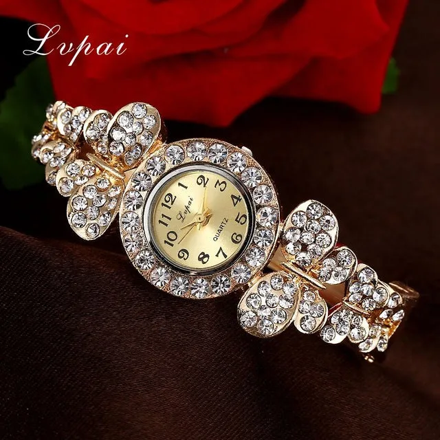 Lvpai Fashion Gold Watches Bracelet Watch Women Flower Gemstone Classic Alloy Wristwatch Women Dress Watches New Quartz Watch