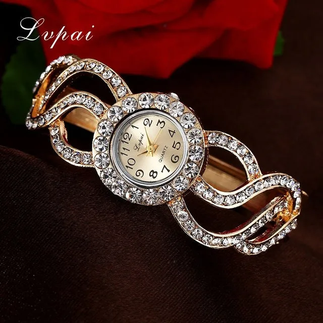 Lvpai Fashion Gold Watches Bracelet Watch Women Flower Gemstone Classic Alloy Wristwatch Women Dress Watches New Quartz Watch