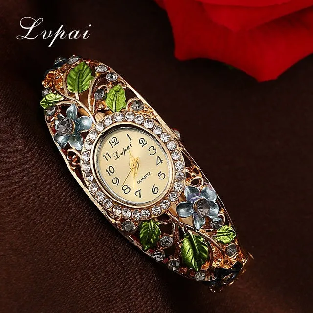 Lvpai Fashion Gold Watches Bracelet Watch Women Flower Gemstone Classic Alloy Wristwatch Women Dress Watches New Quartz Watch