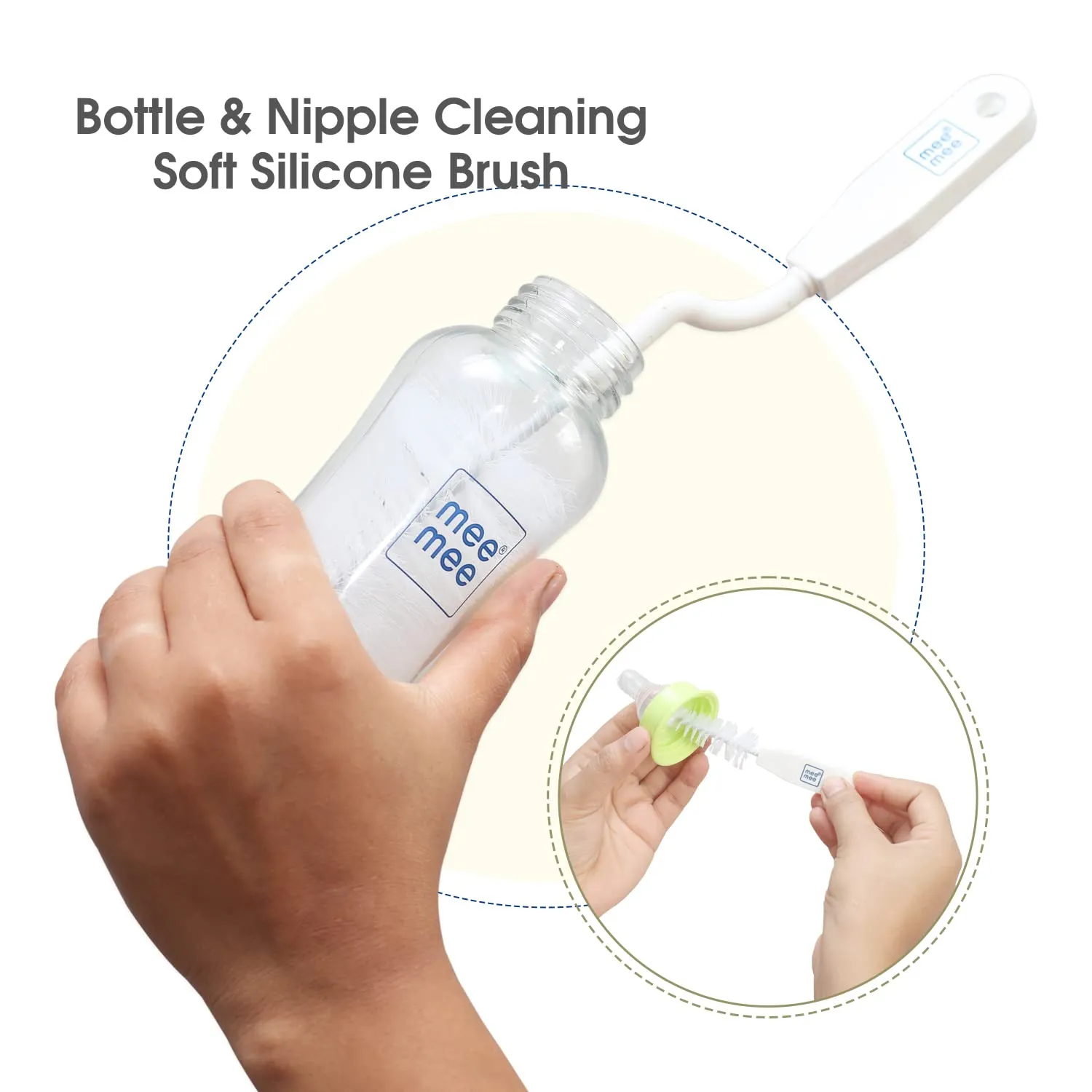 Mee Mee Easy Grip Bottle Brush Cleaner- Baby Milk Bottle Cleaner Nipple Cleaner Brush with 360* Rotating Long Handle (White)