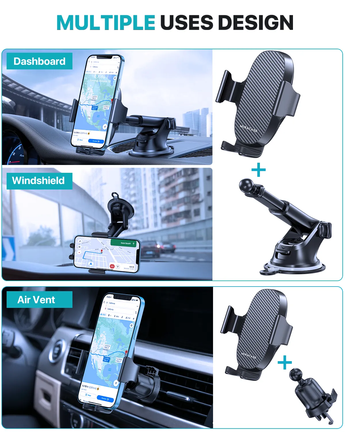 Miracase Military-Grade Universal Cell Phone Holder for Car,[Ultra-Stable& Strong Suction] Hands Free Dashboard Windshield Air Vent Car Phone Holder Mount Fit for All Mobile Phones