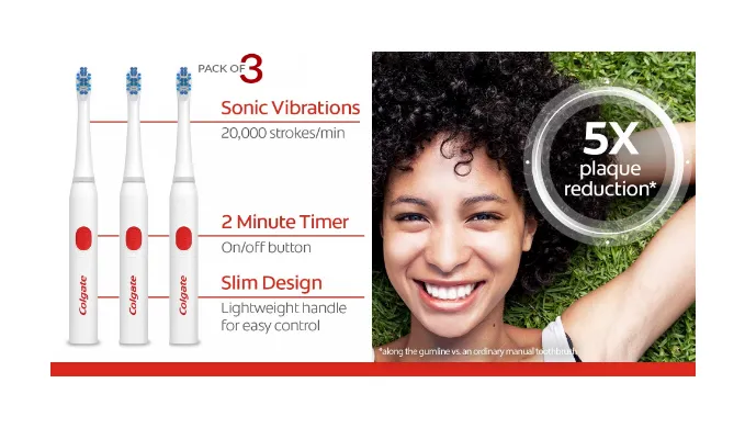 Pack of 3: Colgate 360° Advanced Whitening Sonic Electric Toothbrush, Soft (6 AAA Energizer Batteries Included) - Ships Quick!