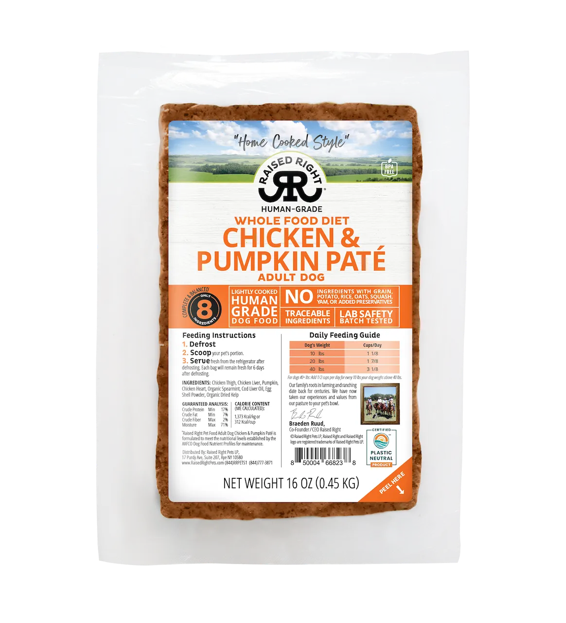 Raised Right Frozen Chicken & Pumpkin Adult Dog Recipe 16oz