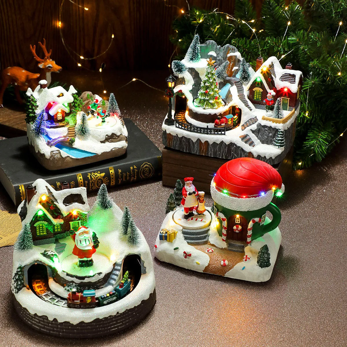 Rotating Christmas Village Music Box – LED Lit Resin Ornament with Santa & Snowy Scene