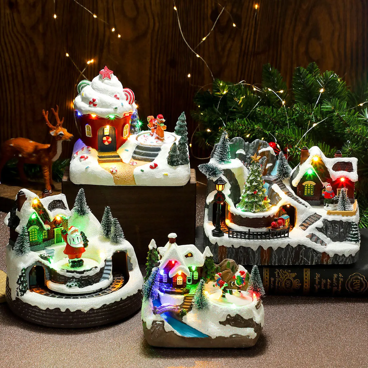 Rotating Christmas Village Music Box – LED Lit Resin Ornament with Santa & Snowy Scene