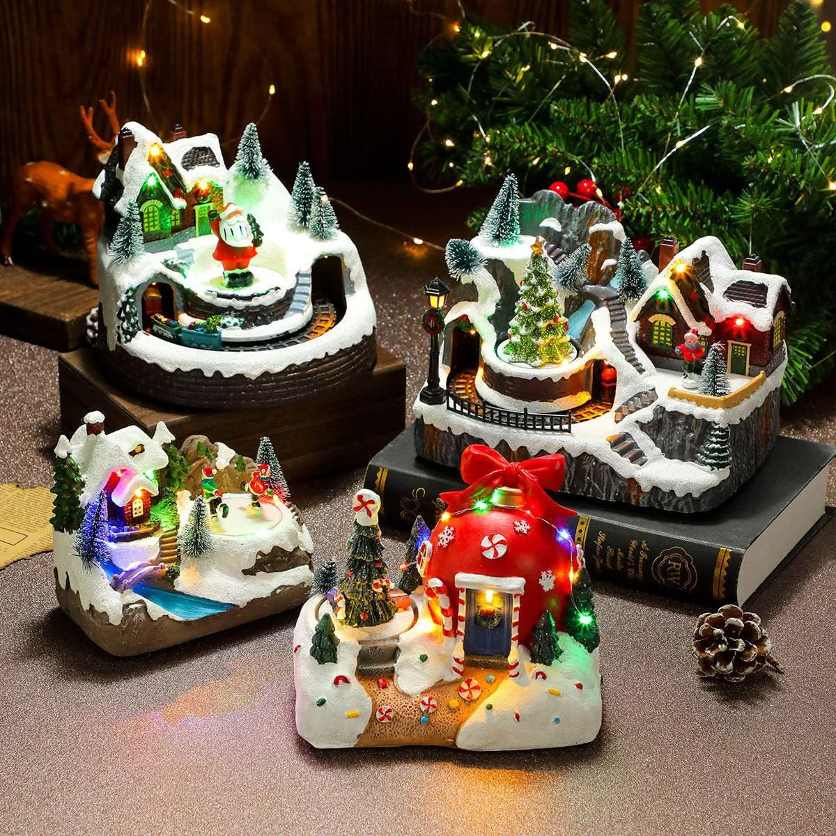 Rotating Christmas Village Music Box – LED Lit Resin Ornament with Santa & Snowy Scene