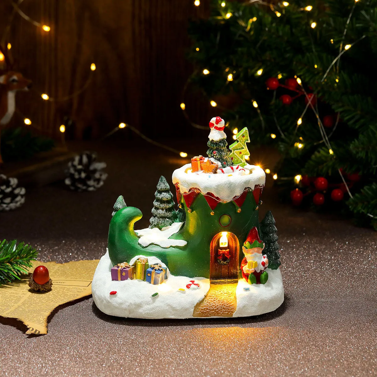 Rotating Christmas Village Music Box – LED Lit Resin Ornament with Santa & Snowy Scene