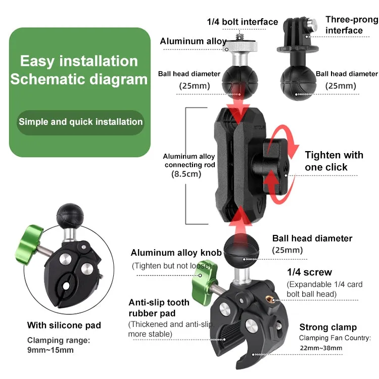 RUIGPRO Crab Clamp Action Camera Bracket 1/4 Dual-Head Crab 3-Stage Selfie Stick