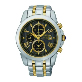 Seiko Men's Solar Chrono Steel Black Dial Gold DetailsDate 100M Watch SC194