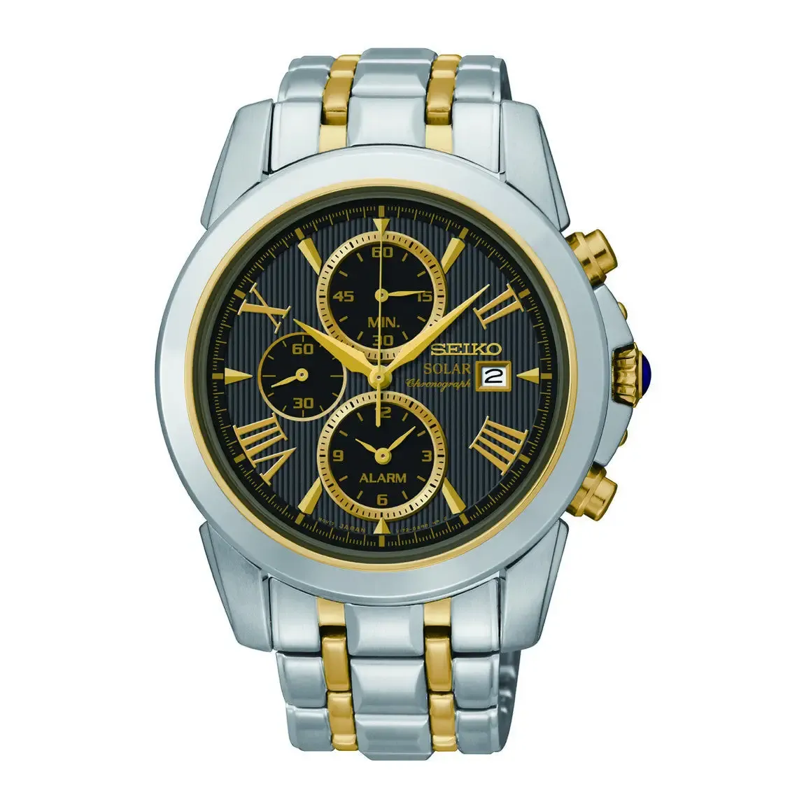 Seiko Men's Solar Chrono Steel Black Dial Gold DetailsDate 100M Watch SC194