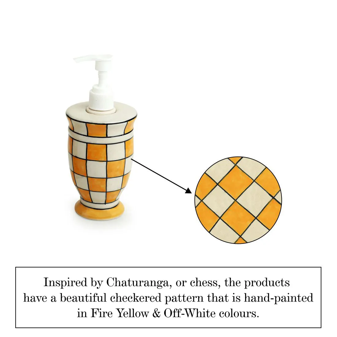 Shatranj Checkered' Hand-painted Bathroom Accessory Set In Ceramic (Soap Dispenser | Toothbrush Holder)