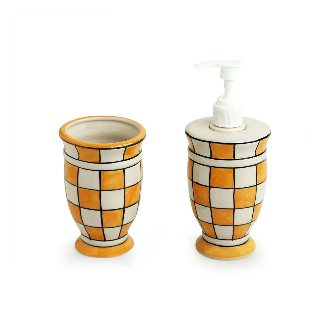 Shatranj Checkered' Hand-painted Bathroom Accessory Set In Ceramic (Soap Dispenser | Toothbrush Holder)