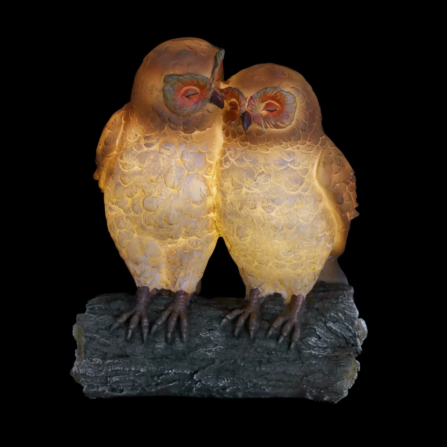 Solar Snuggling Owls on Stump Hand Painted Garden Statue,  4 by 9 inches