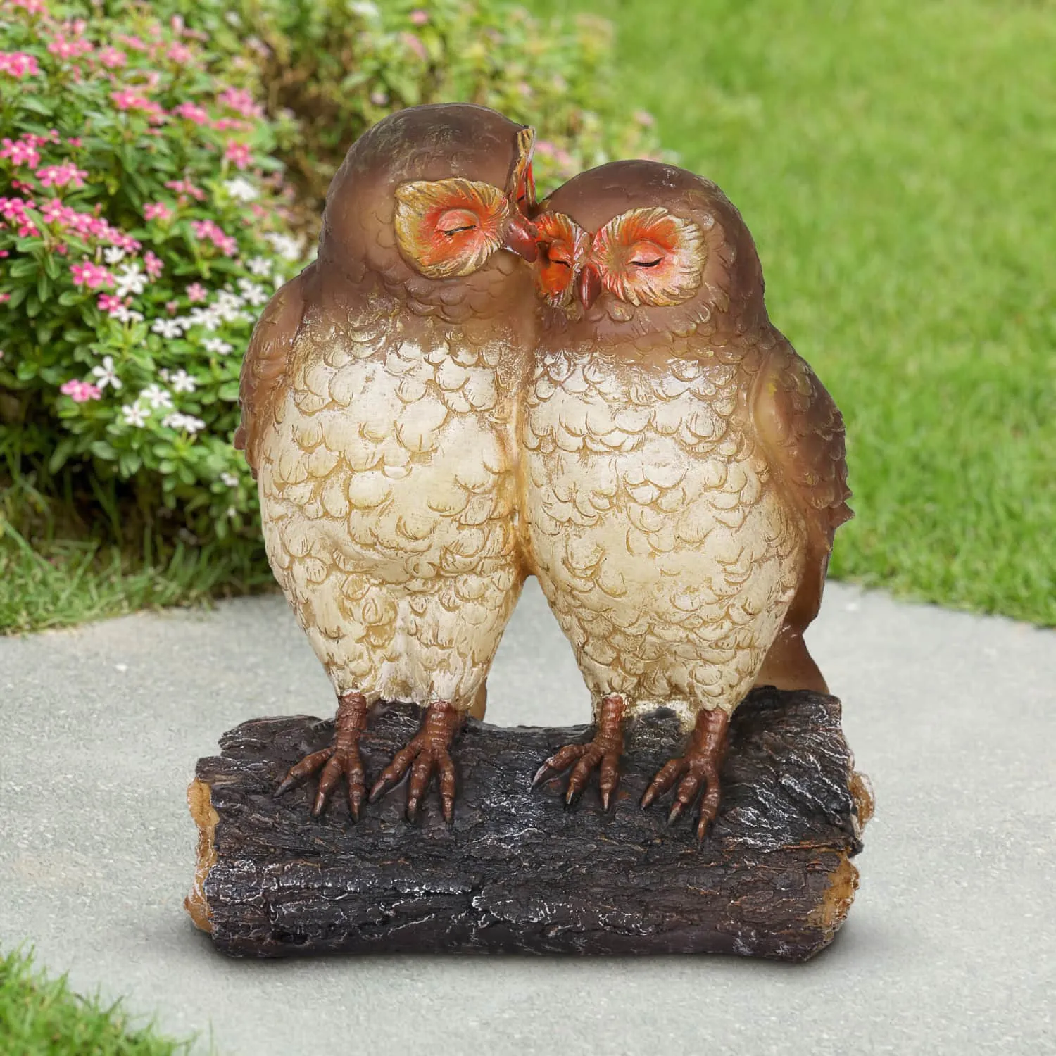 Solar Snuggling Owls on Stump Hand Painted Garden Statue,  4 by 9 inches