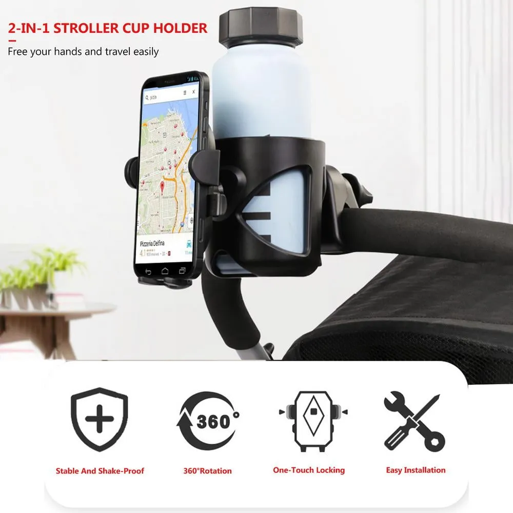 Stroller Cup Holder With Phone Holder-2-in-1 Universal Baby Cup Bottle Holder For Stroller Bike Wheelchair Walker Scooter|Anti-slip Stroller Accessories Necessary For Going Out Black