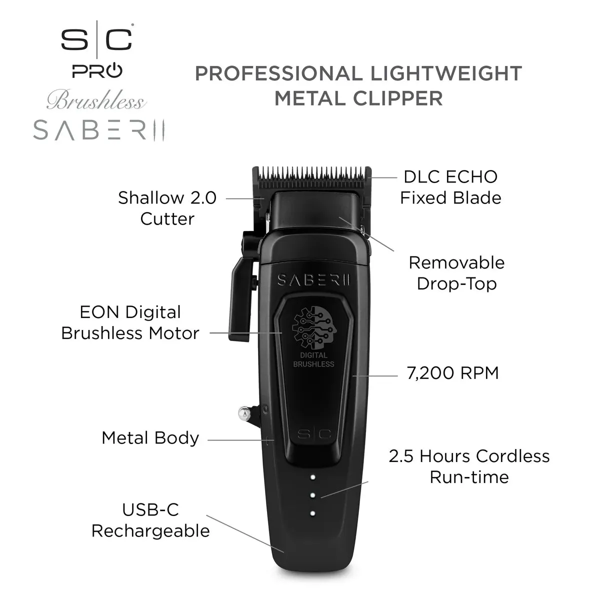 StyleCraft Saber 2.0 Cordless Modular Clipper w/ High-Torque Digital Brushless Motor - Black (SC617B)