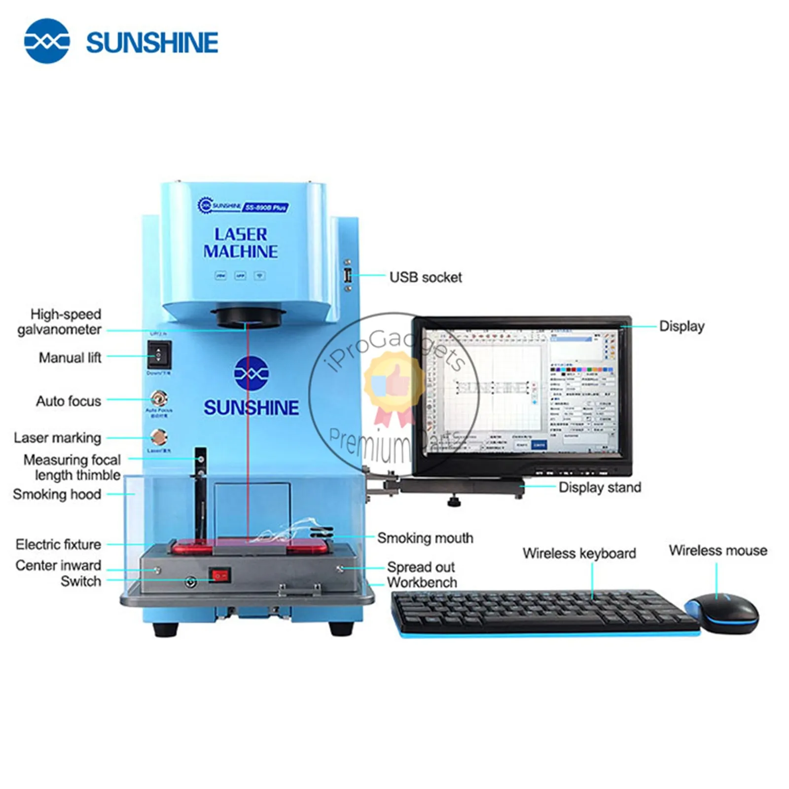 Sunshinee SS-890B Plus 20W Fiber Laser Machine With Smoke Extractor Engraving Etching Metal Remove Phone Back Cover Frame