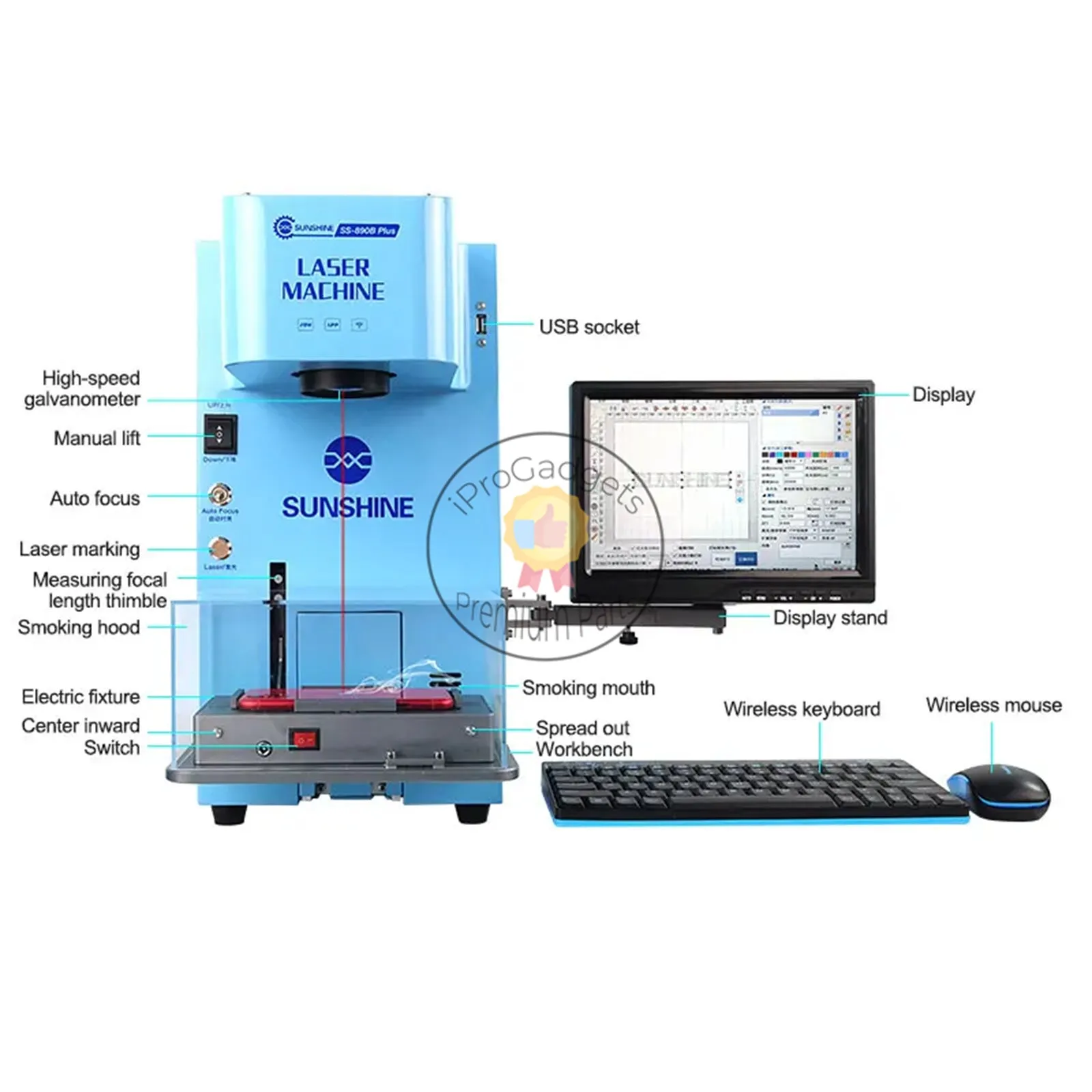 Sunshinee SS-890B Plus 20W Fiber Laser Machine With Smoke Extractor Engraving Etching Metal Remove Phone Back Cover Frame