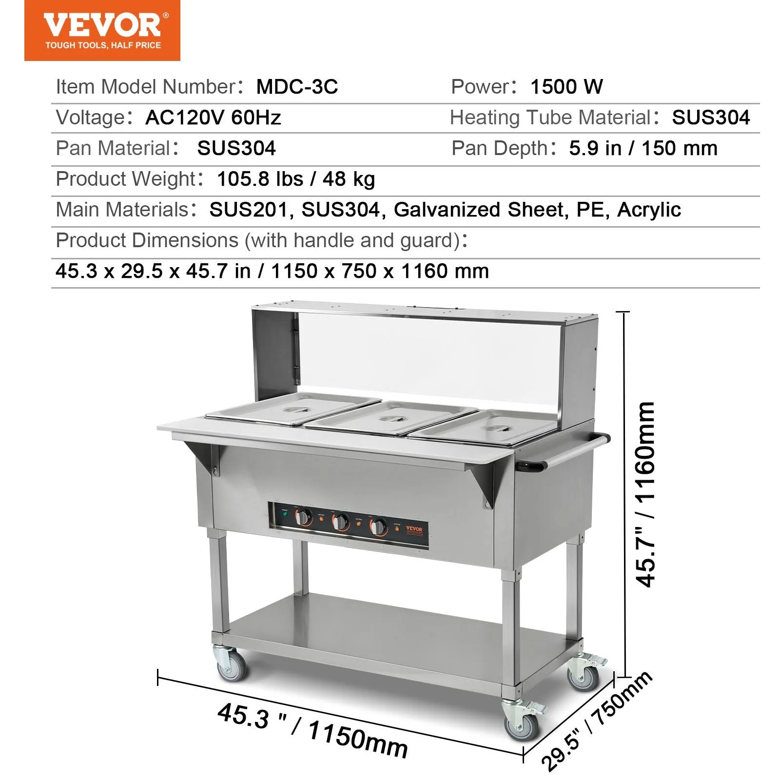 Vevor Food Warmer 3-Pan 20.6 Qt Commercial Buffet Table with Sneeze Guard 1500W Stainless Steel New