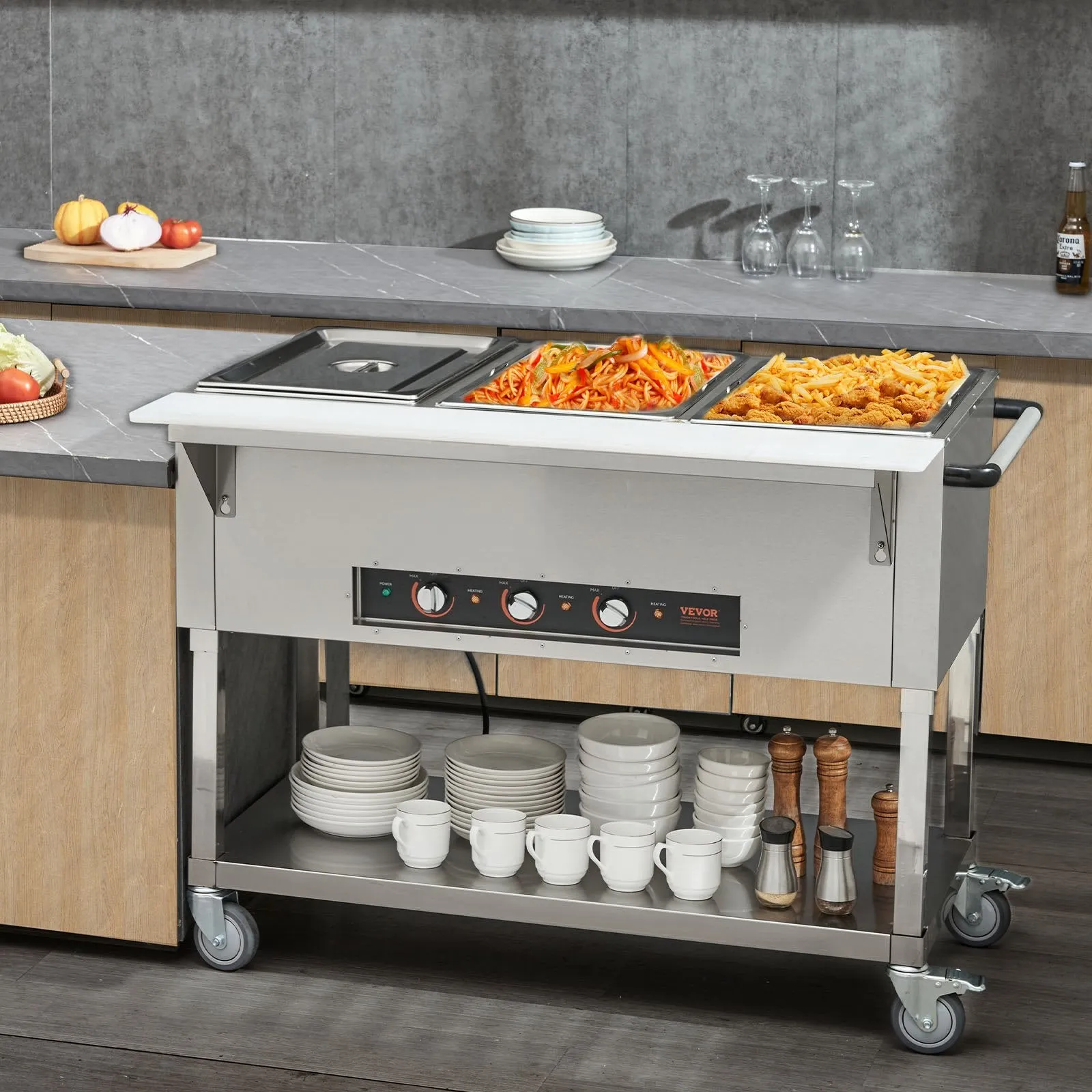 Vevor Food Warmer 3-Pan 20.6 Qt Commercial Buffet Table with Wheels 1500W Stainless Steel New