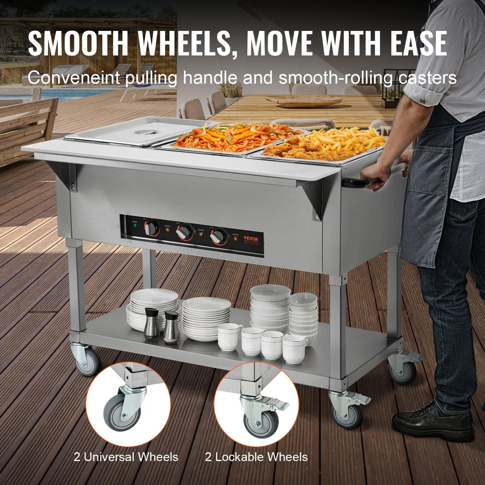 Vevor Food Warmer 3-Pan 20.6 Qt Commercial Buffet Table with Wheels 1500W Stainless Steel New